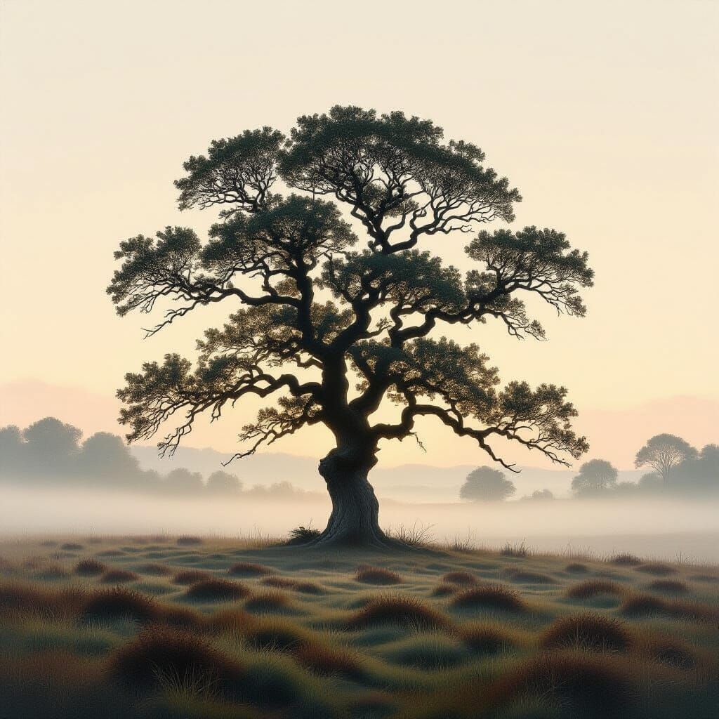 Ancient Oak Tree in Misty Moorland at Dawn