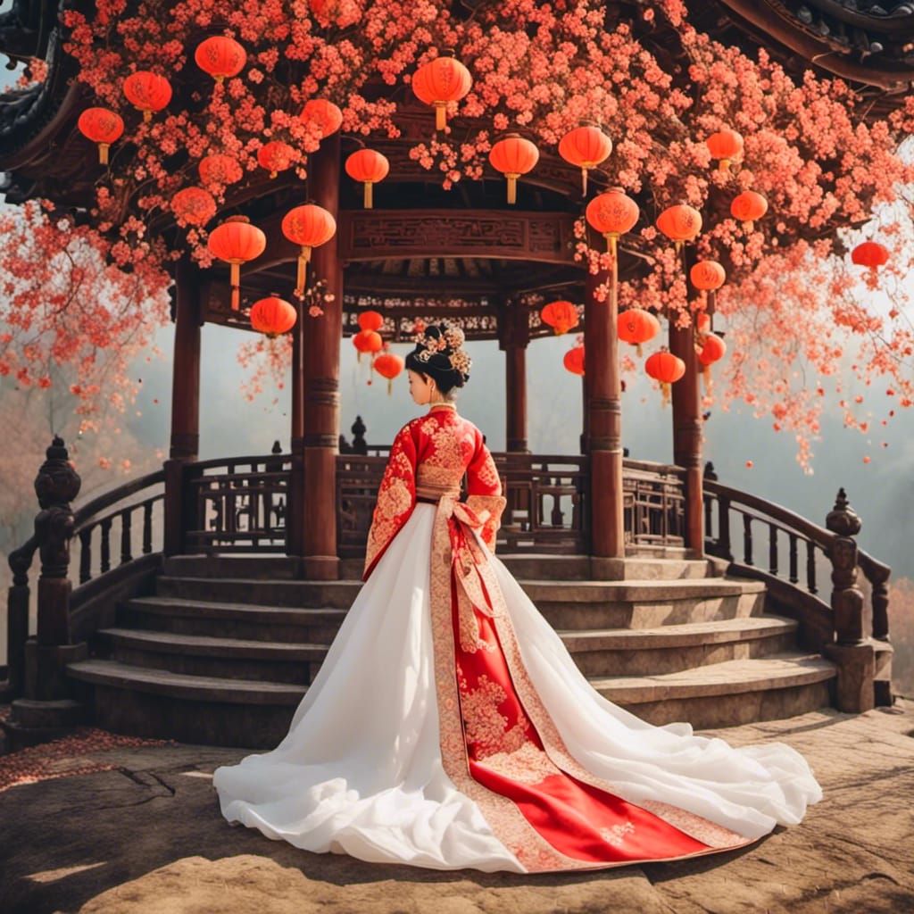 Korean Bride in Traditional Dress, Watercolor with Gold