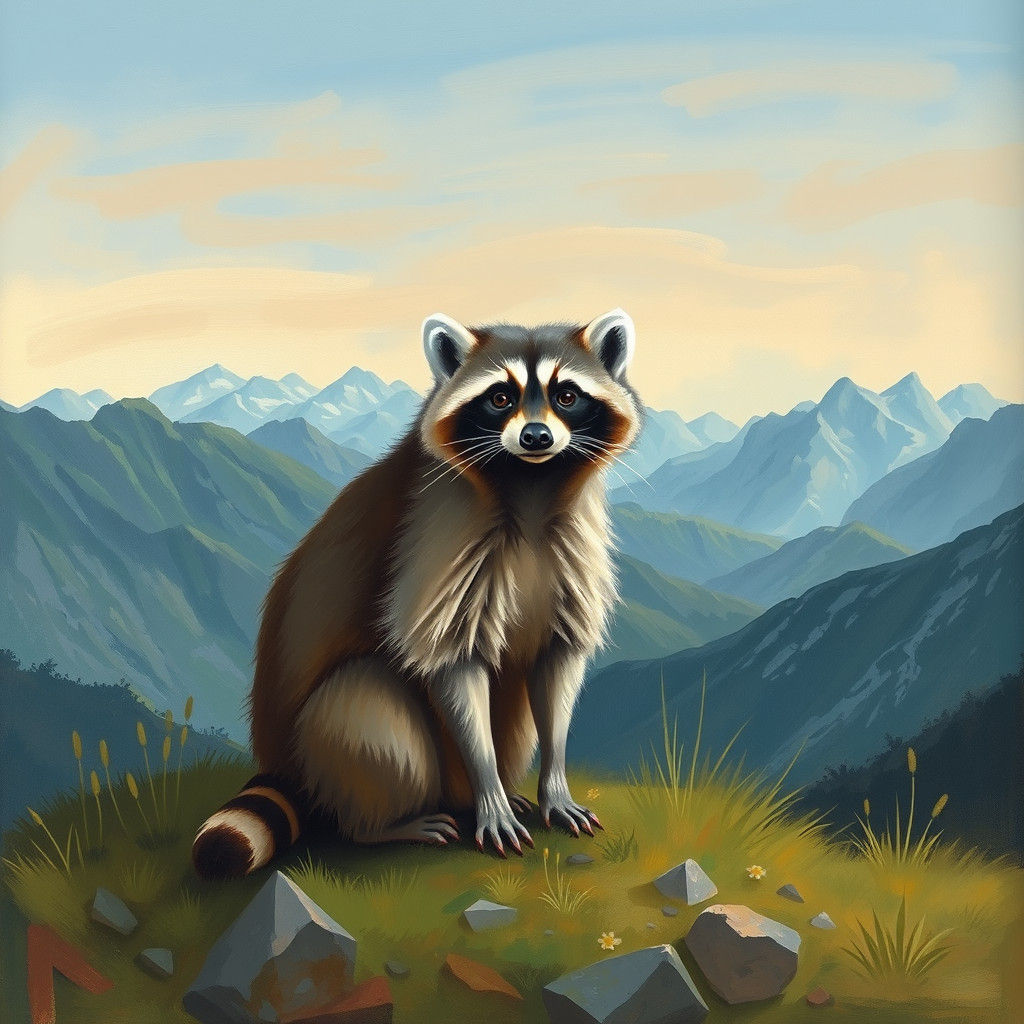 Raccoon in Mountain Landscape Painting