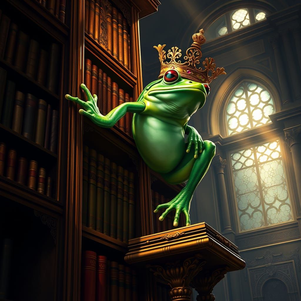 Baroque King Frog Ascends Golden Bookshelf
