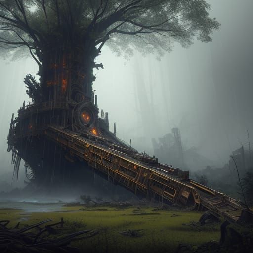 Steampunk Dragon Mecha Collapsed on Ancient Tree