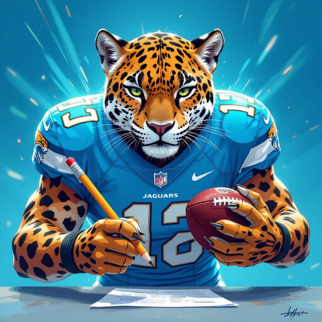 Jaguar Athlete Grasps Pencil in Vibrant Digital Art