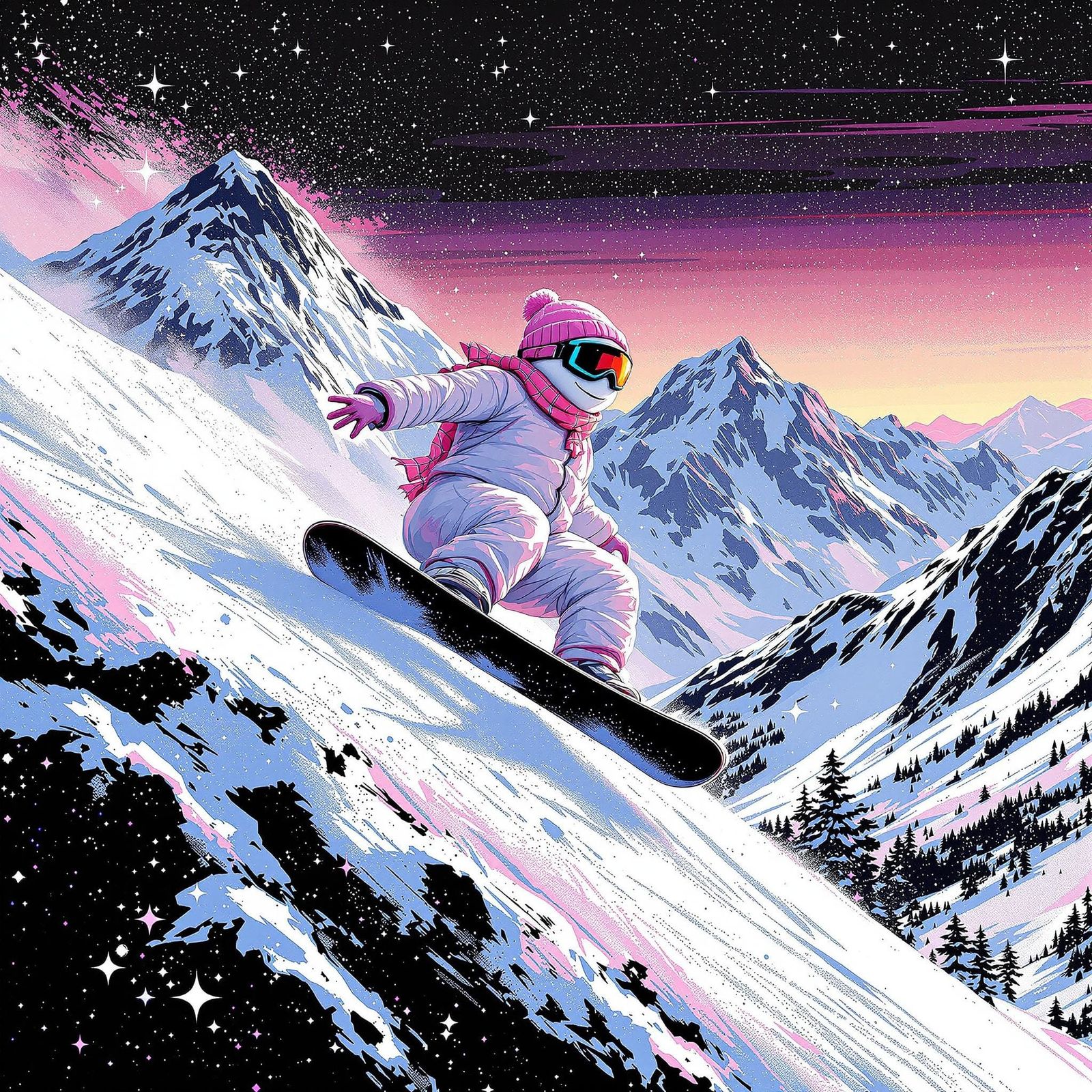 Cyberpunk Snowman Rides Down a Mountain in a Glitchy, Maxima...