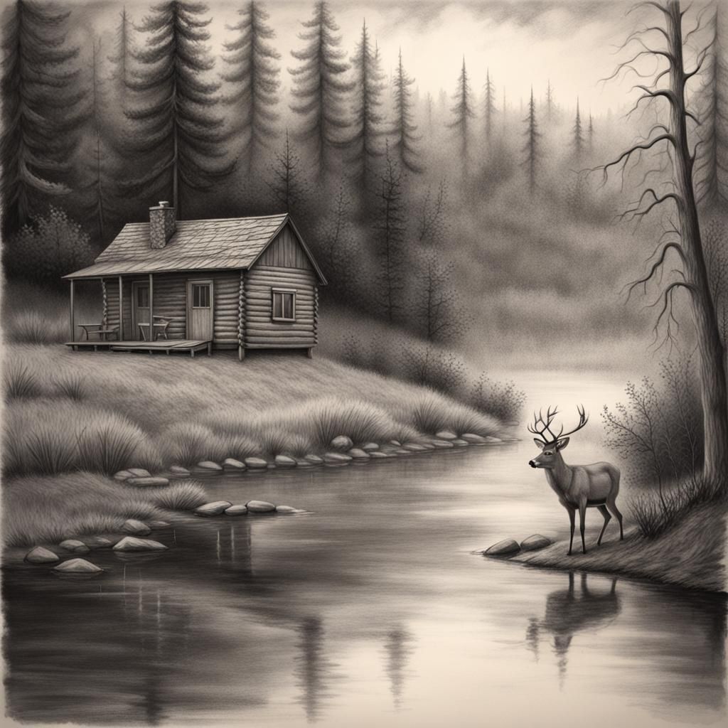 Charcoal Cabin by River at Twilight