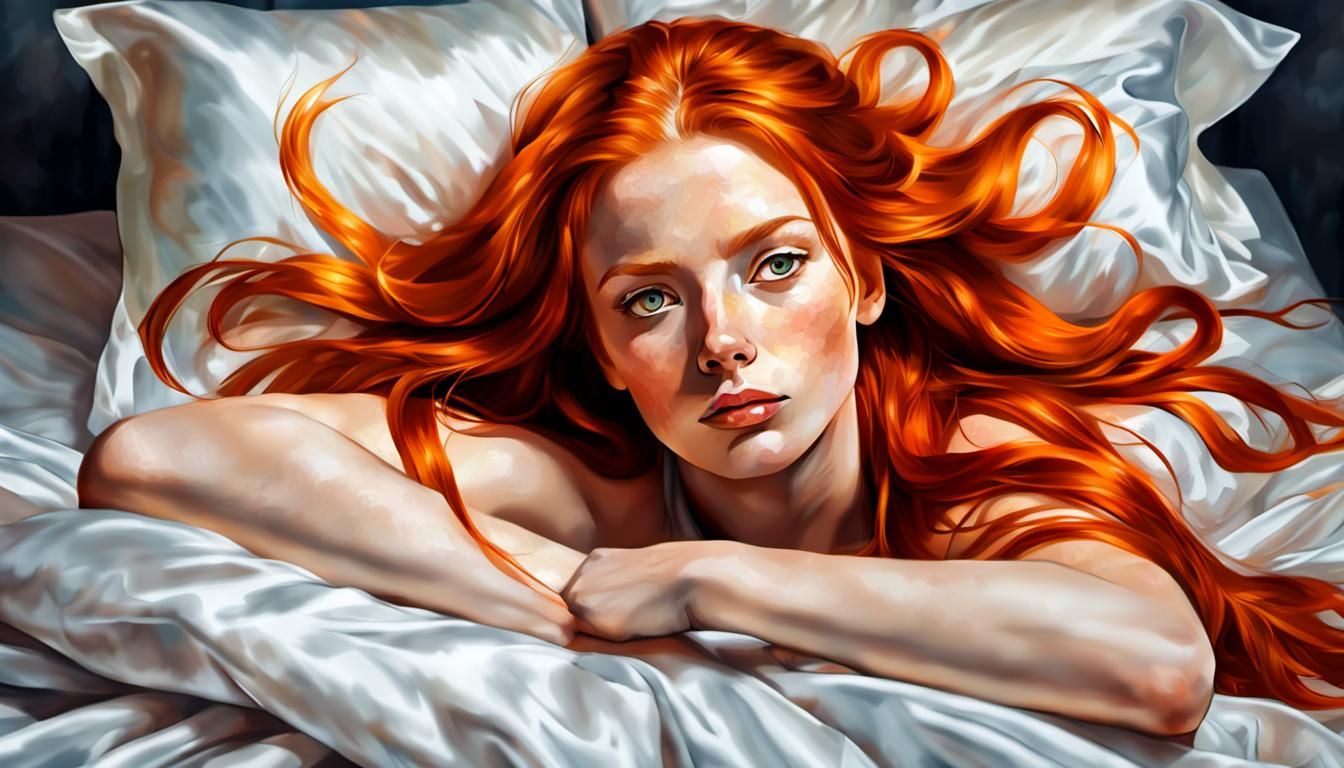 Ginger Woman Waking Up: Abstract Art with Satin Sheets