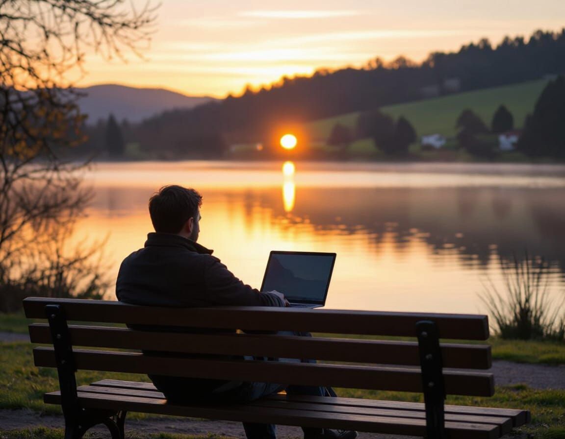 Man Working Remotely by Lake at Sunrise