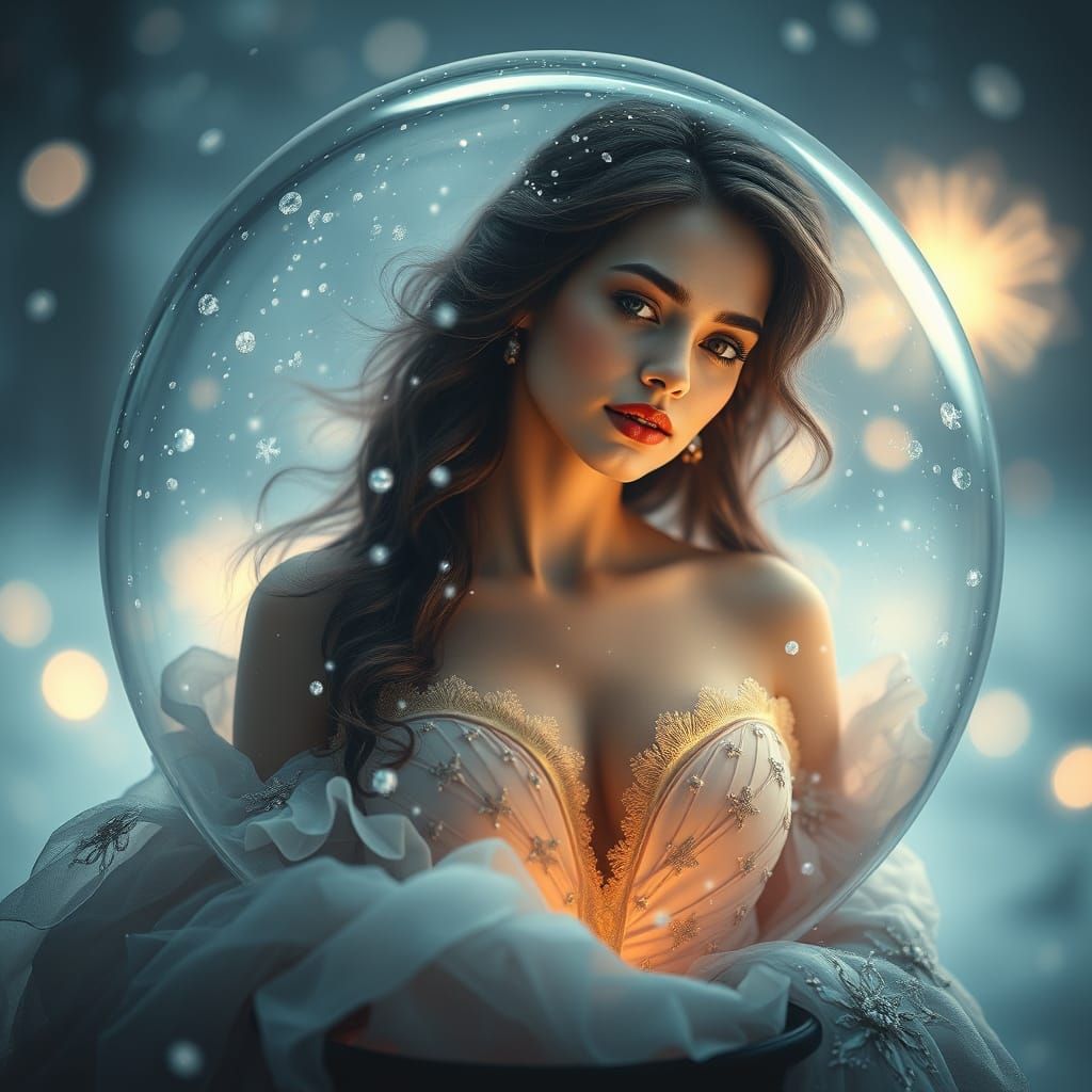 Woman in Snow Globe with Futuristic Lighting