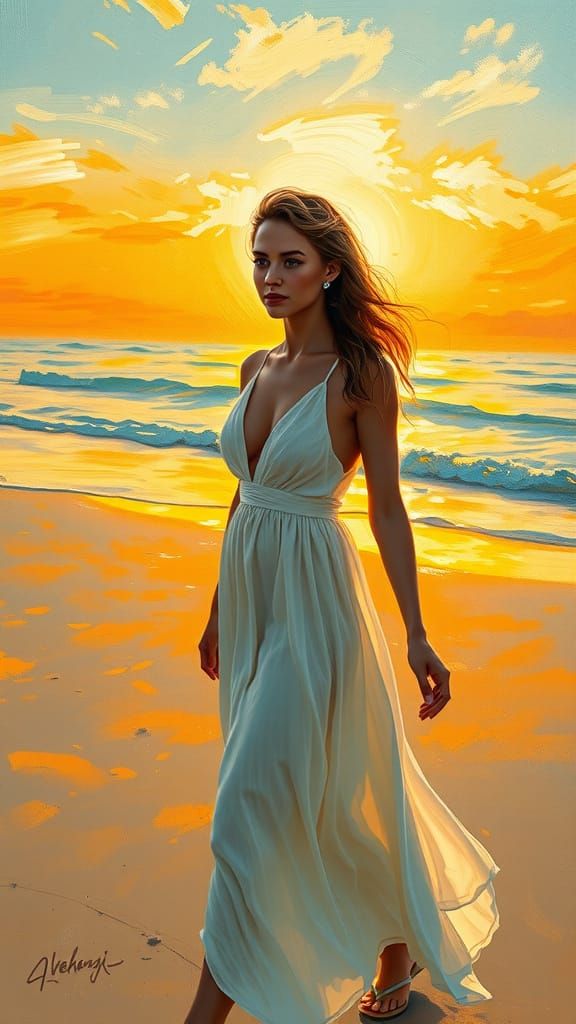 Yvonne Strahovski on a Beach, Impasto Oil Painting