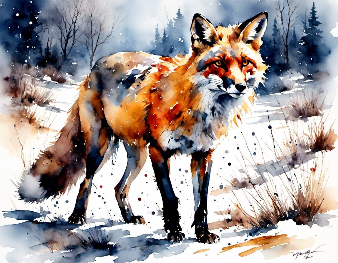 Fox in Snow, Antique Watercolor Style
