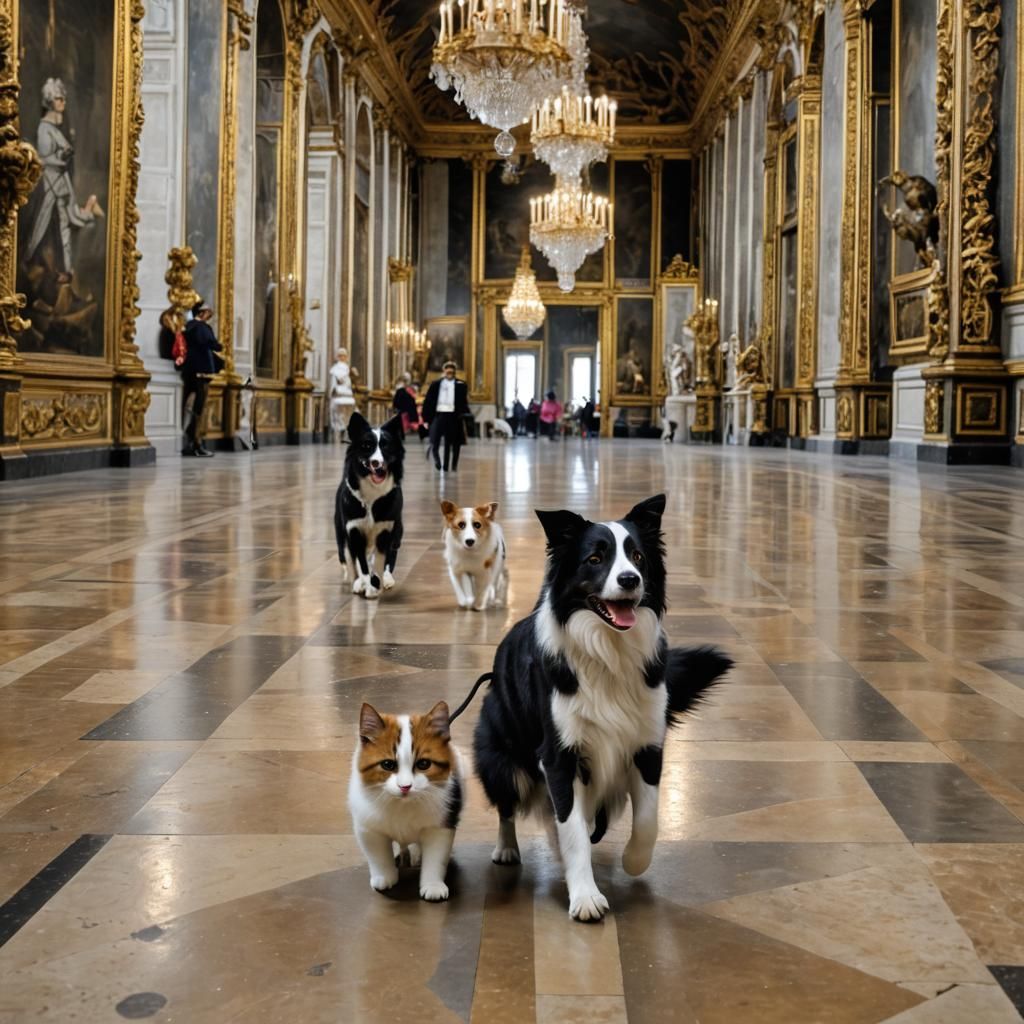 Cats and Dog in Hall of Mirrors