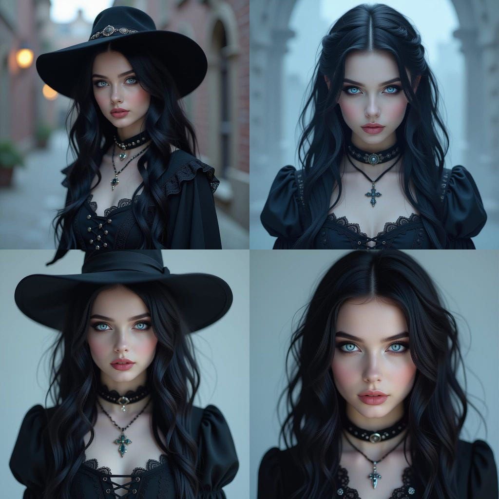 Goth Magical Woman with Blue Eyes and Wild Black Hair