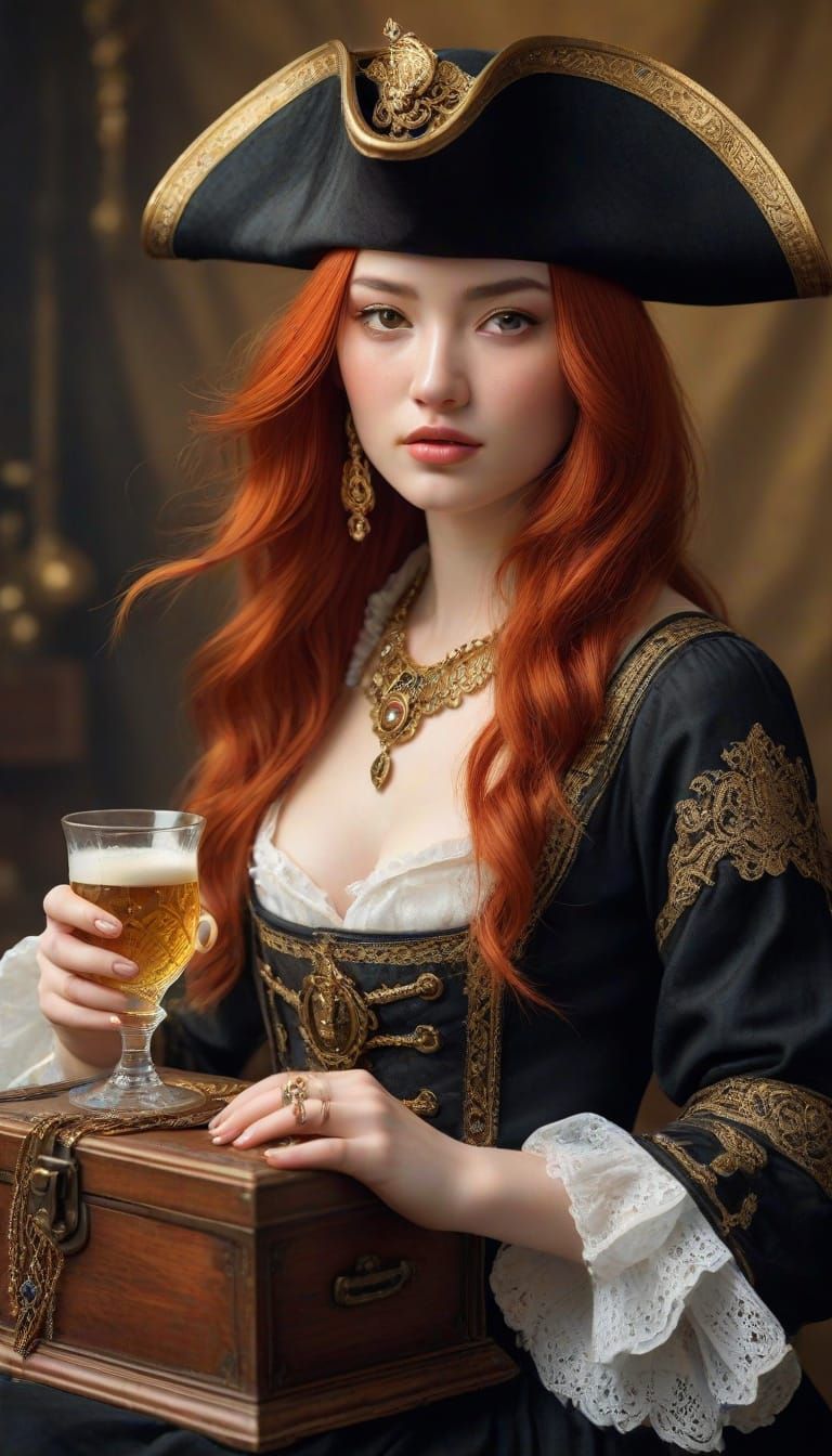 Elegant Chinese Pirate Maiden in Golden Baroque Splendor