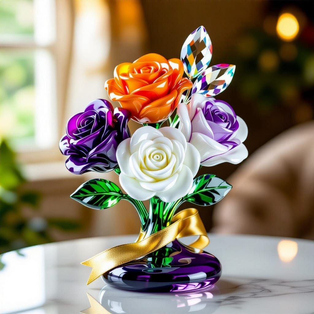 Elegant Glass Rose Sculpture with Crystal Leaf and Gold Sash