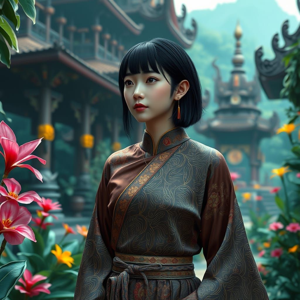 Sleek Woman Walks Through Mystical Thai Temple