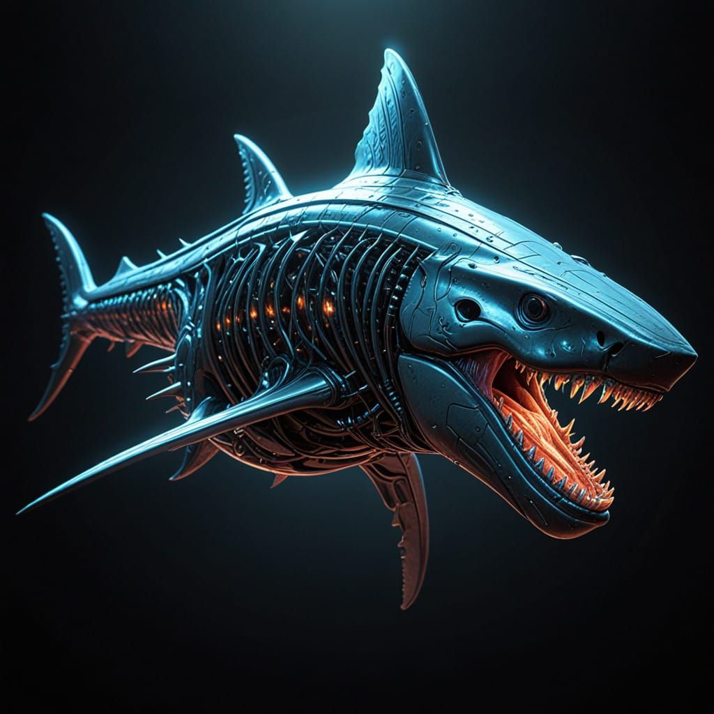 Cyberpunk Shark-Like Alien with Glowing Armor
