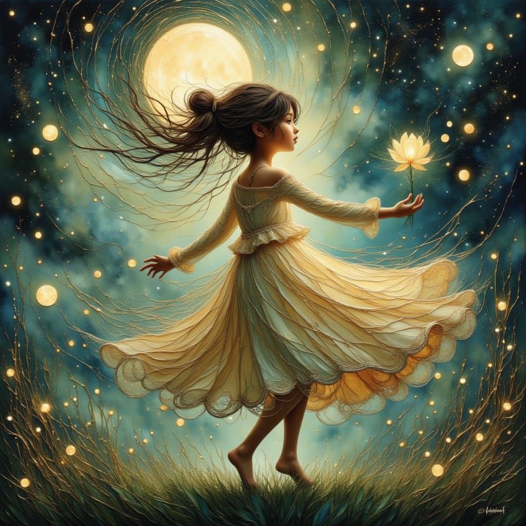 Radiant Moon Child Dancing in Dreamy Garden