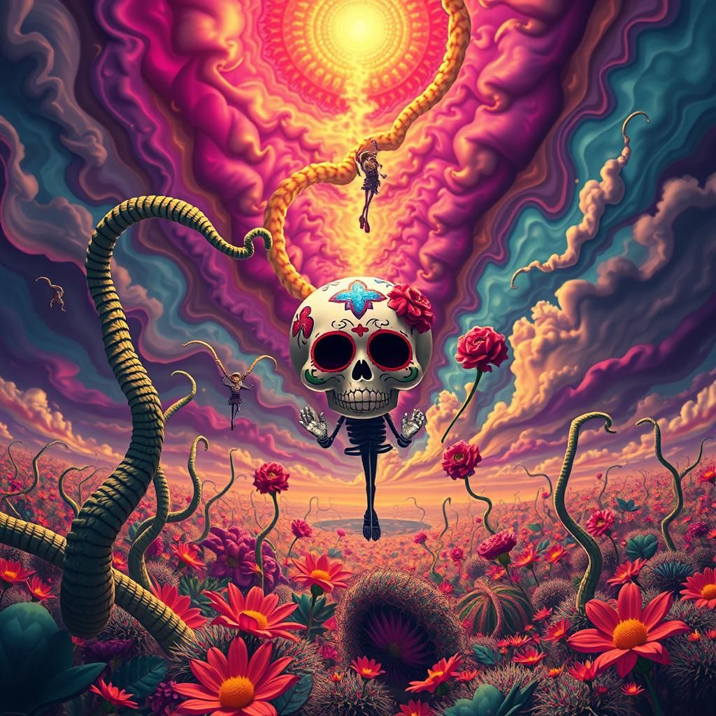 Surreal Landscape with Elastic Flora and Sugar Skull
