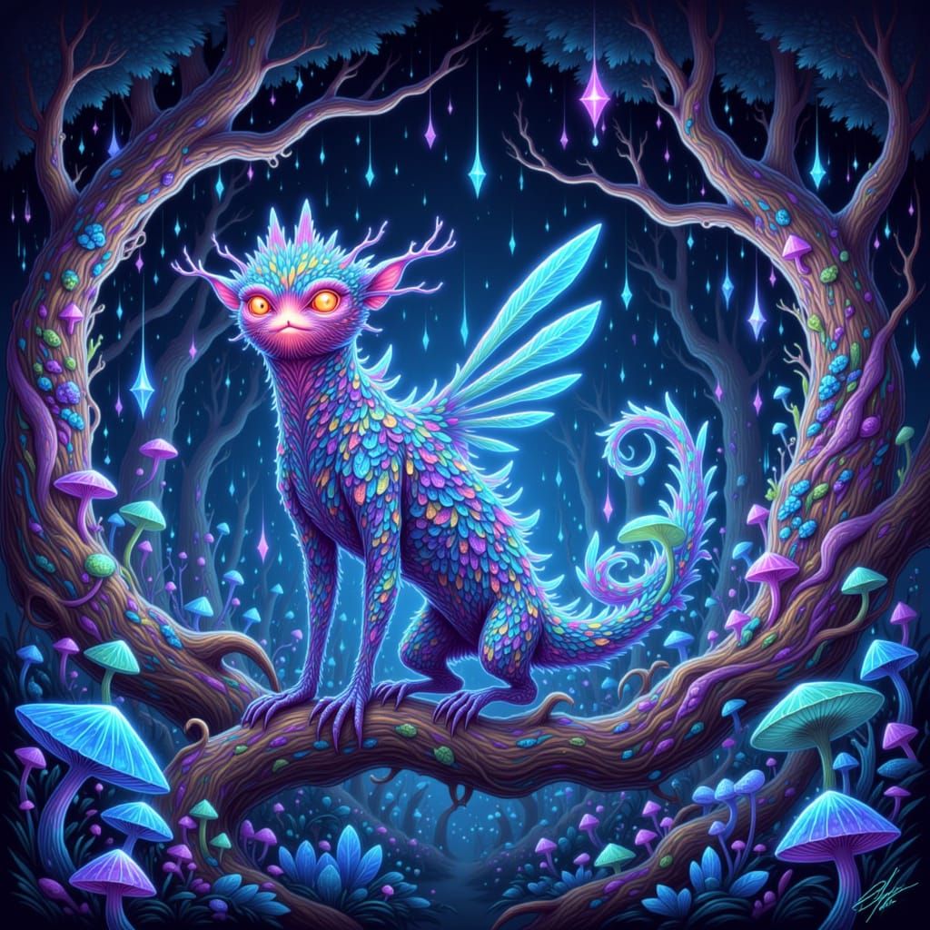 Bioluminescent Creature with Holographic Scales in Alien For...