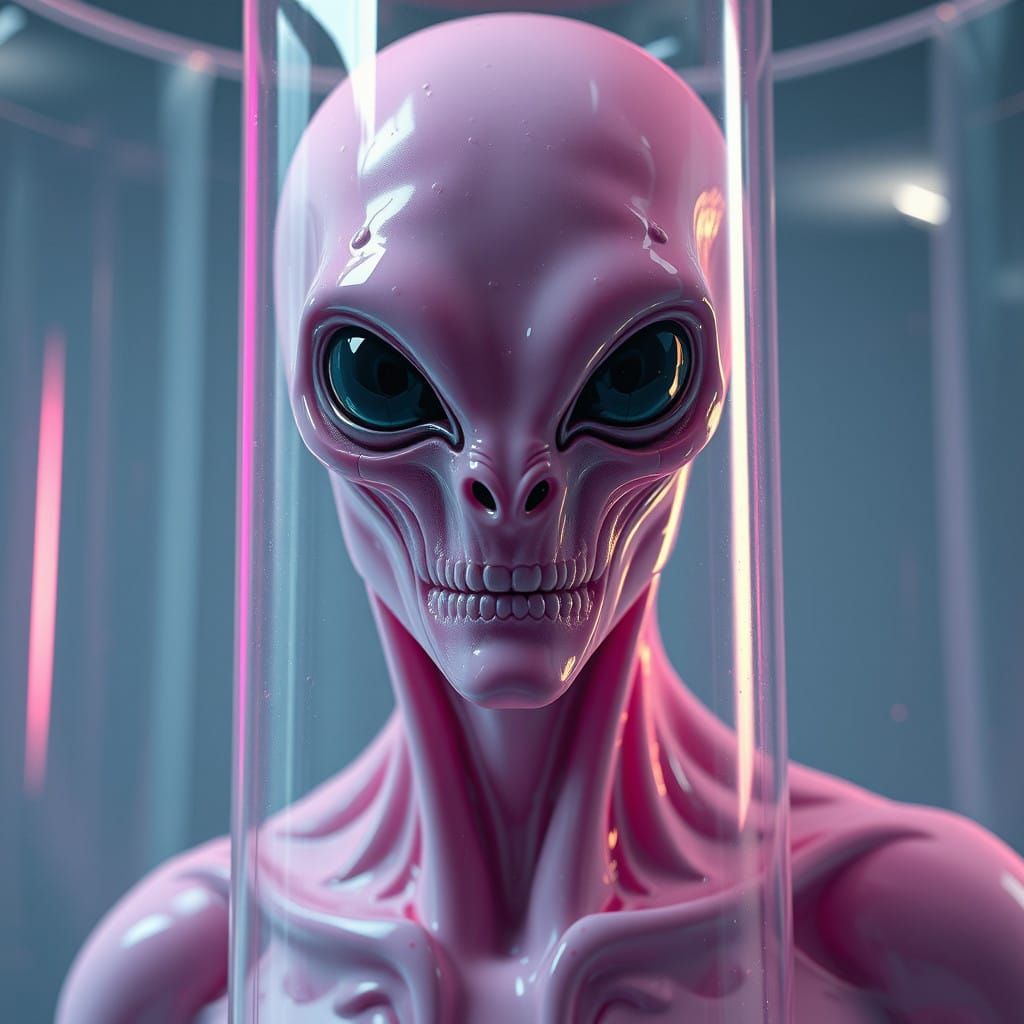 Pink Latex Alien Xenomorf Trapped in Glass Tube, Hyperdetail...