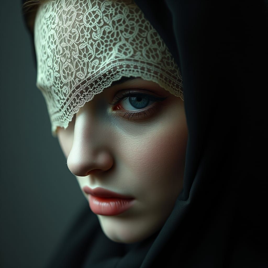 Enigmatic Woman with Lace Patch, Hyperrealistic Style