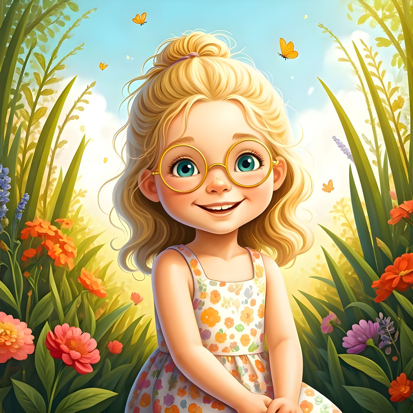 Happy 9-Year-Old Girl with Blonde Hair and Golden Glasses