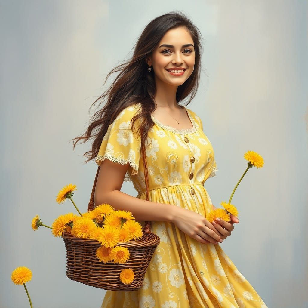 Woman in Dandelion Sundress with Fresh Picked Flowers in a W...
