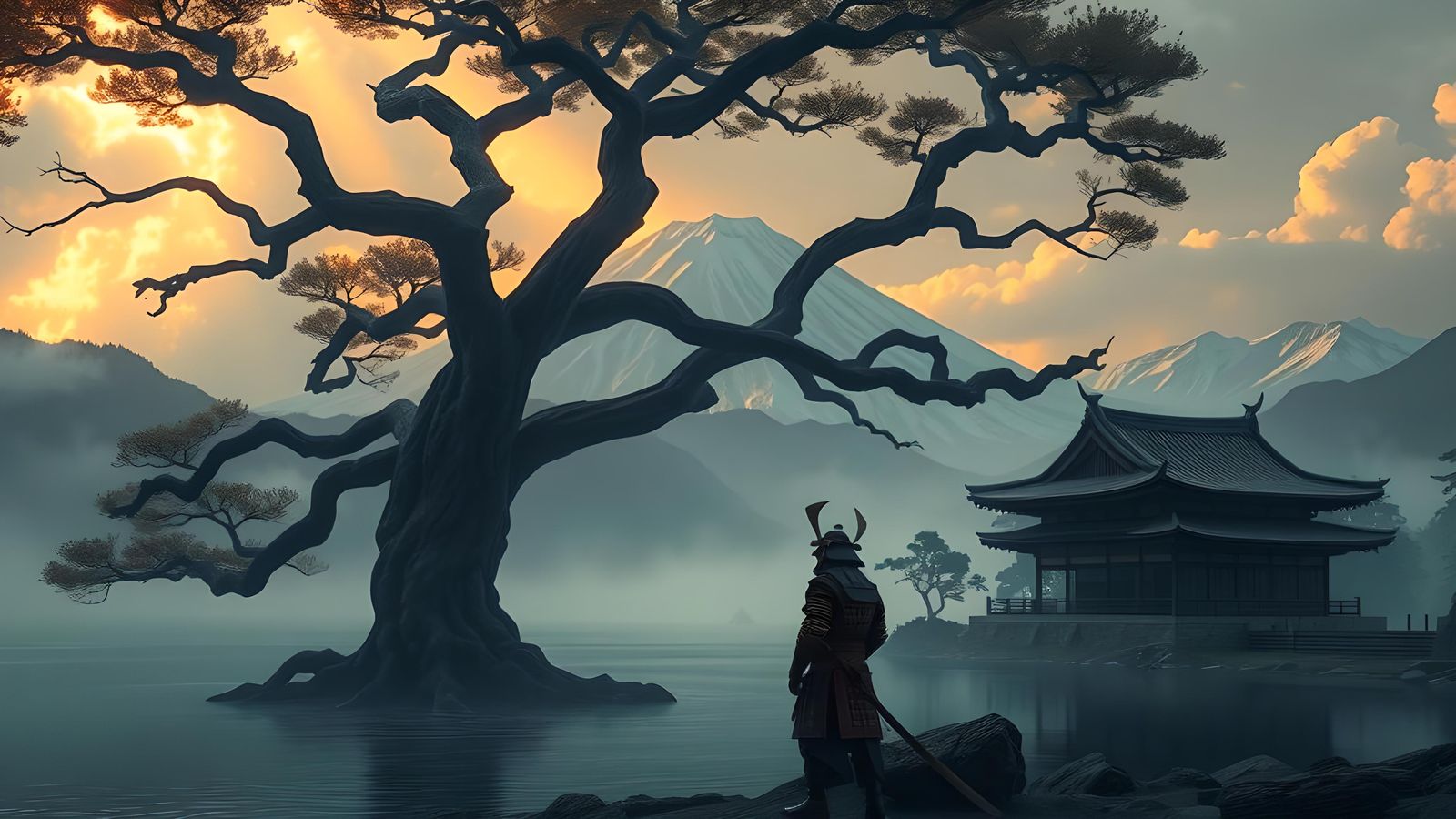 Samurai Contemplates Battle in Dark Fantasy Landscape