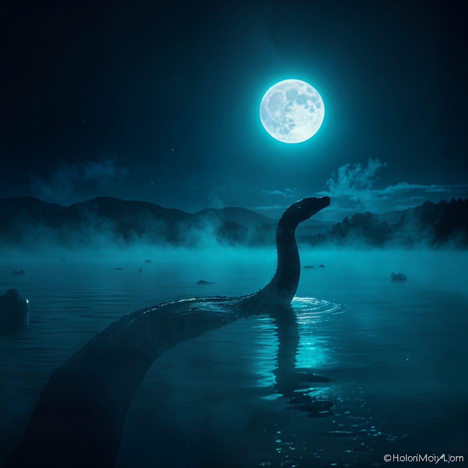 Nessie Silhouette in Loch Ness Under Moonlight