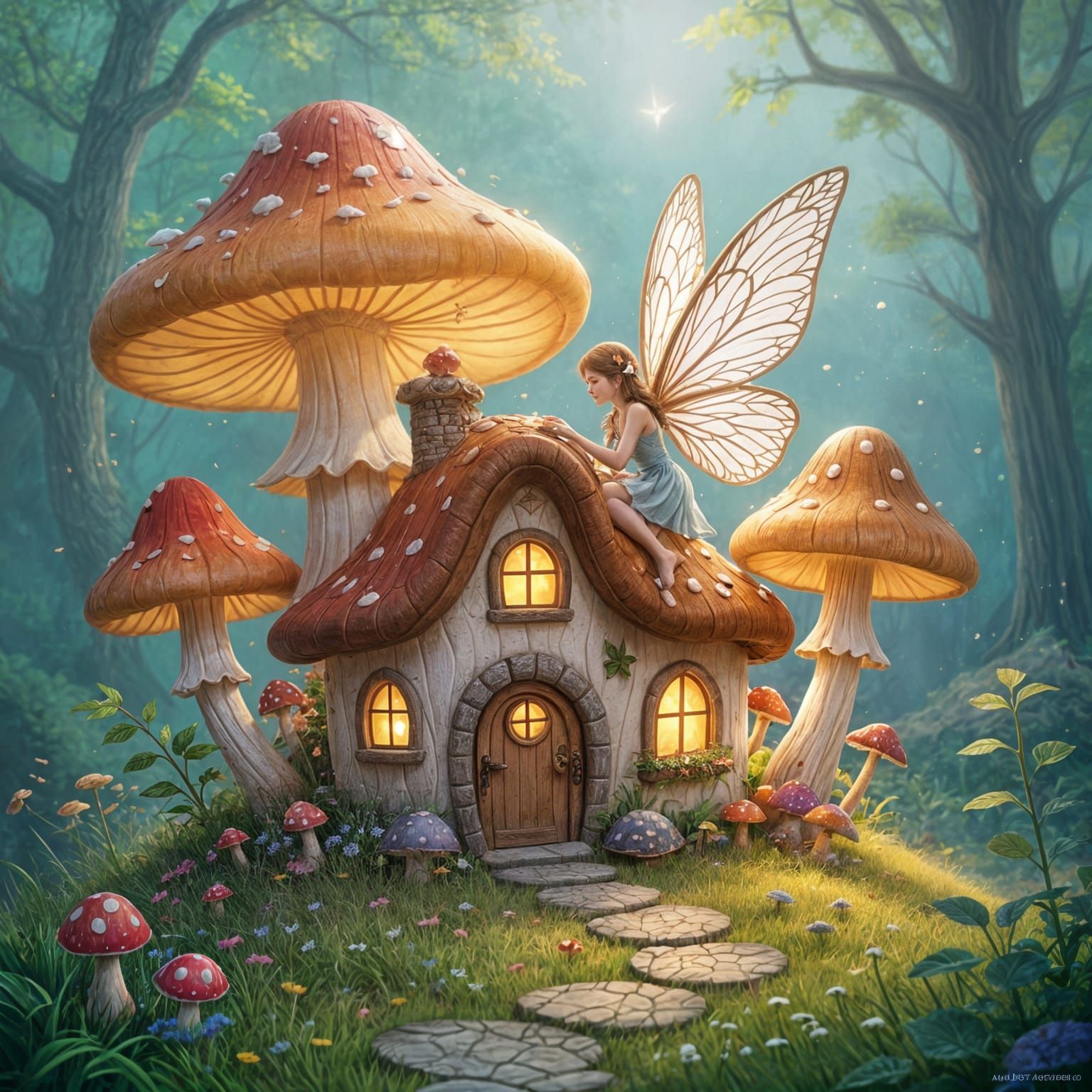 Glowing Mushroom Fairy Cottage in Airbrush Art Style