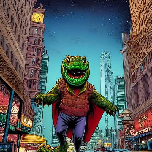 Crocodile Superhero in the City: Comic Book Art