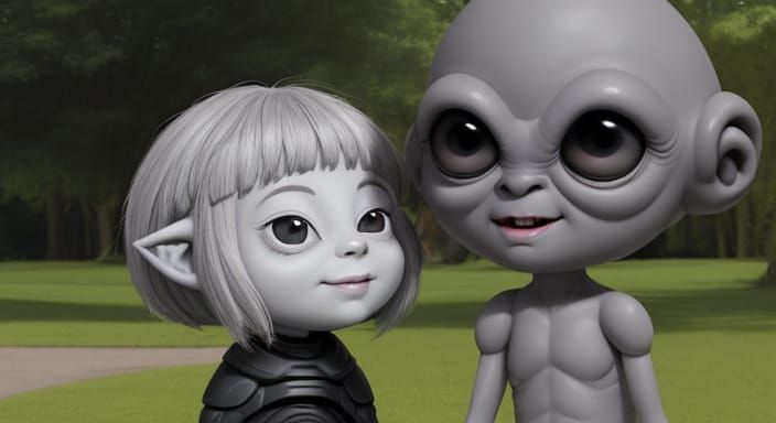 Stargate Grey Aliens Soar in a Ghibli-Inspired Park Scene