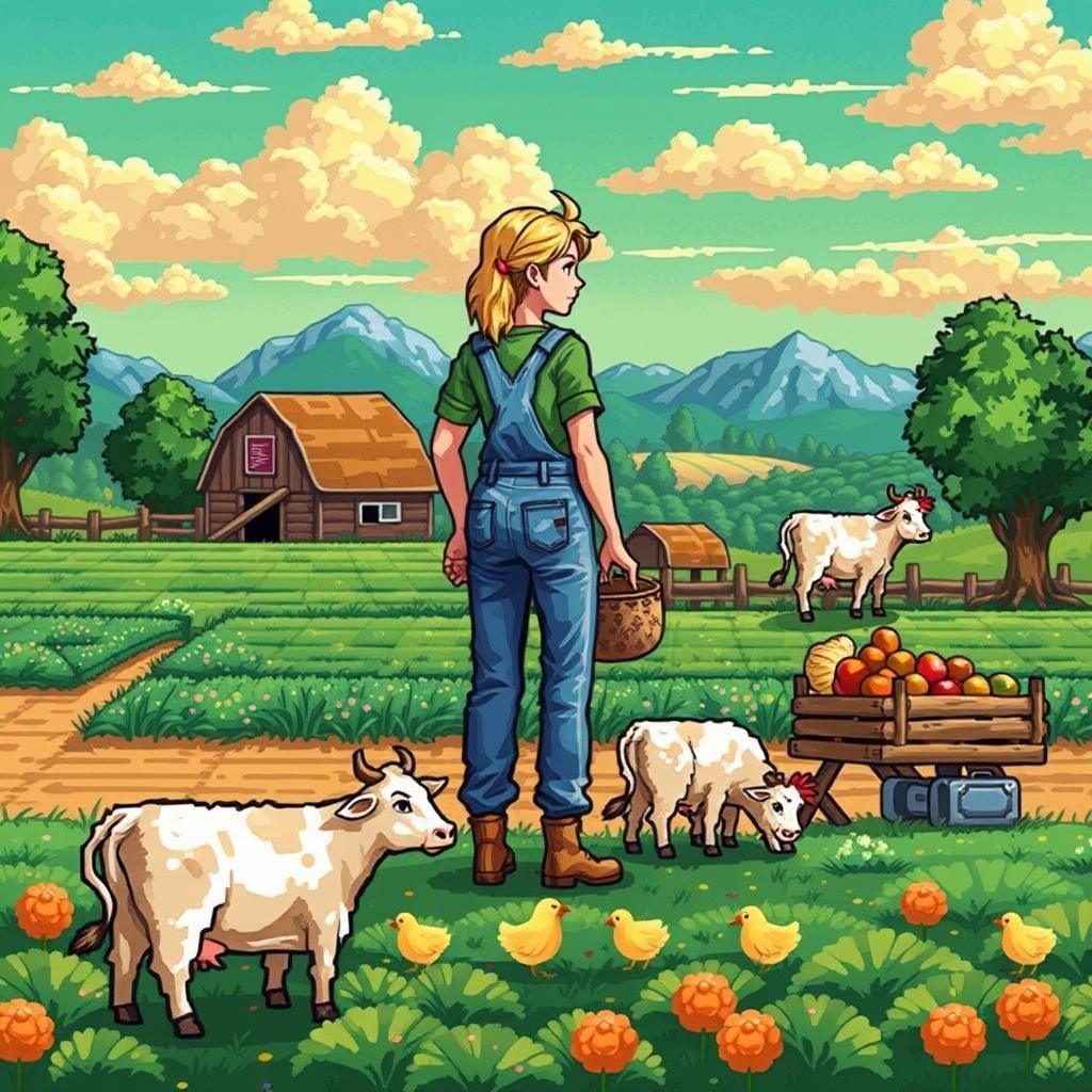Pixel Art Farmer in Nostalgic 16-bit Landscape