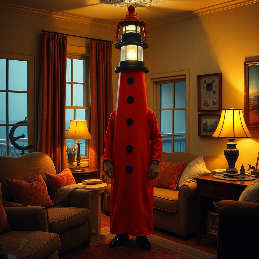 A woman dressed as a lighthouse.