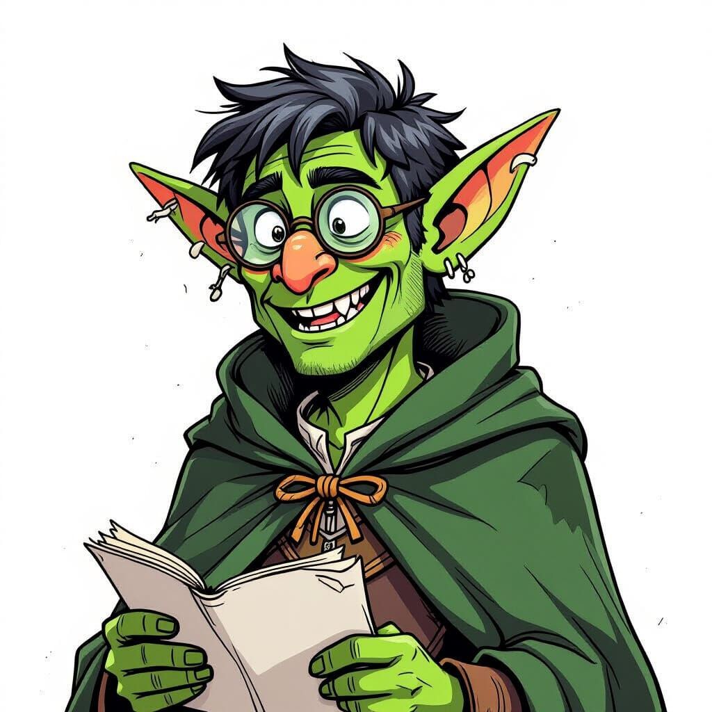 Green Goblin Scribe Portrait in Toon Sketch Style
