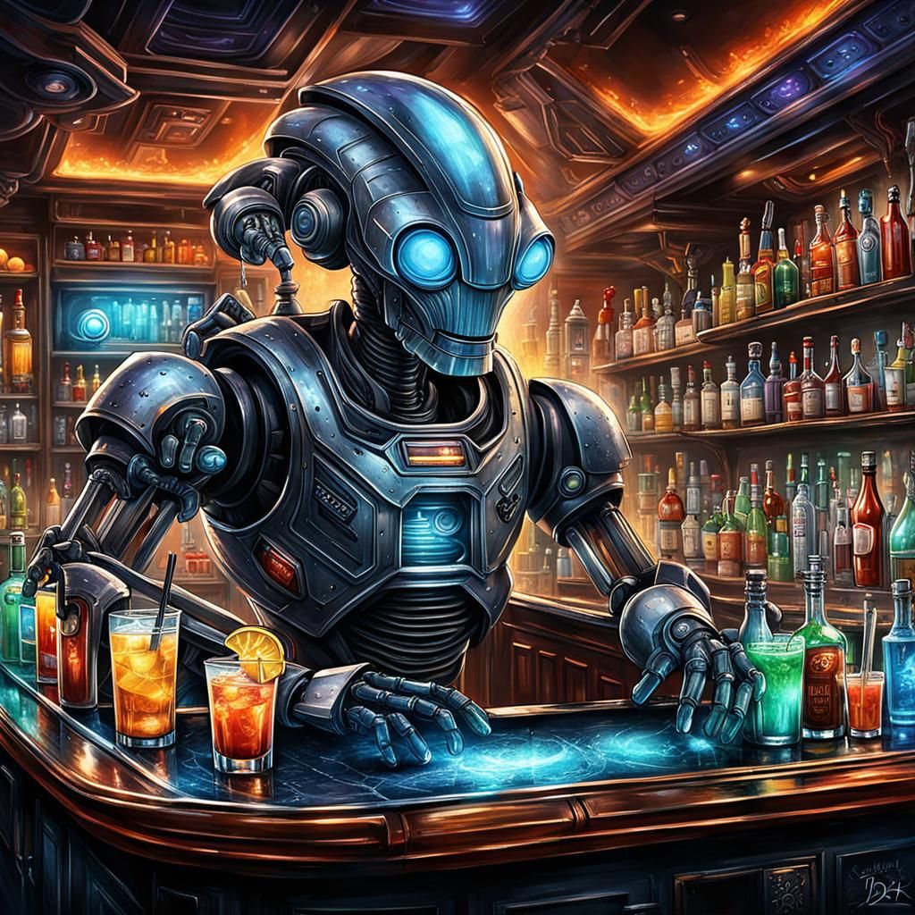 Robot Bartenders Crafting Cocktails in Smokey Space Bar
