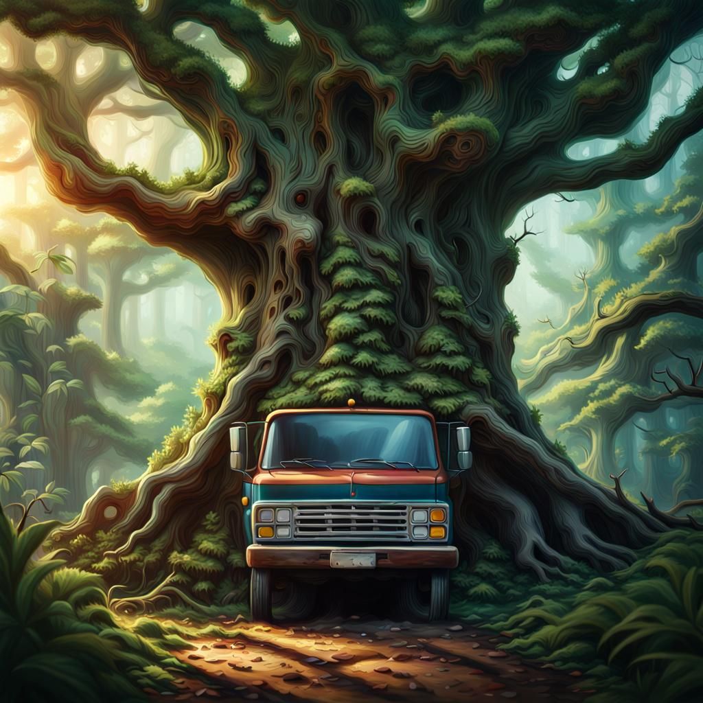 a big tree growing through a truck