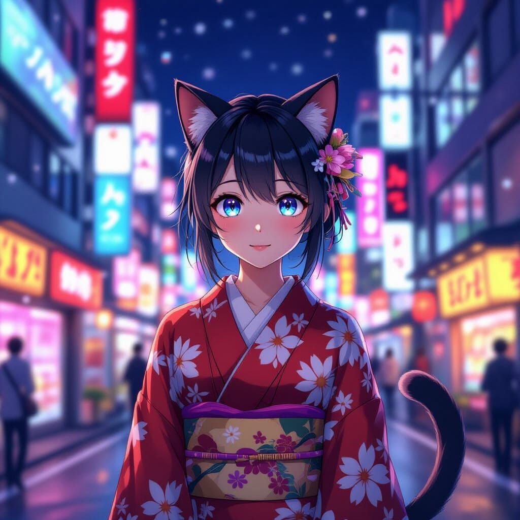 Anime Cat Girl in Kimono, Tokyo Neon Night