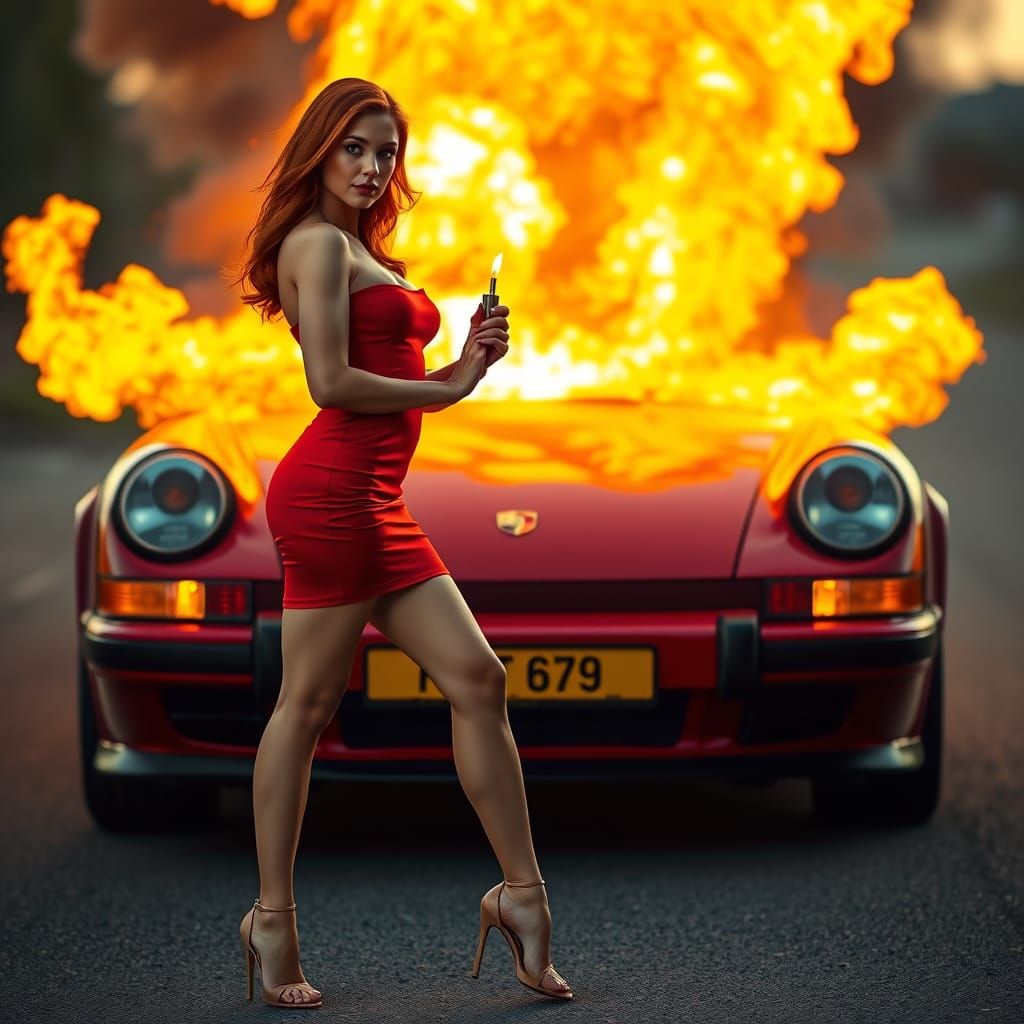 Confident Red-Haired Woman Ignites Porsche in Fiery Scene