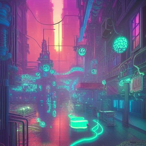 Vaporwave Steampunk Arcane City: Hyperdetailed Matte Paintin...