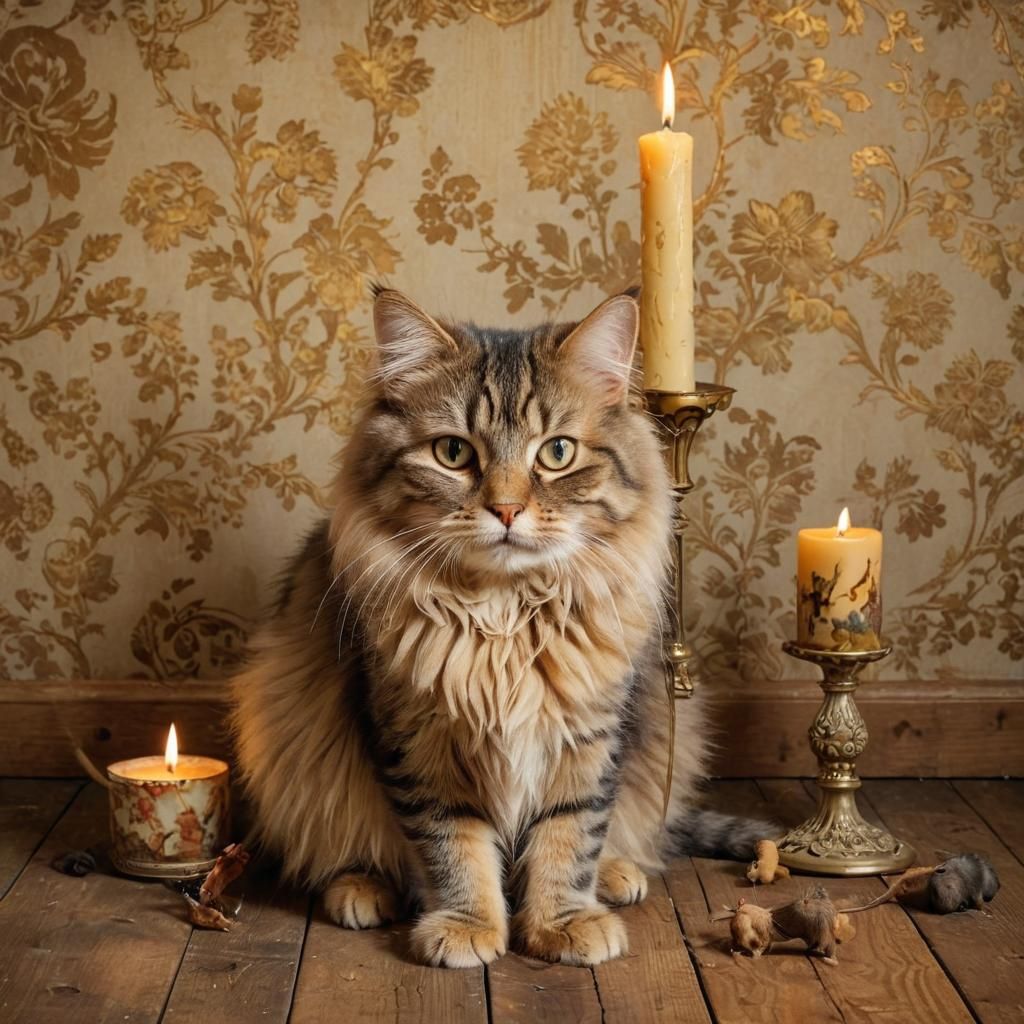 Whimsical Feline and Rodent Encounter in Warm Candlelight