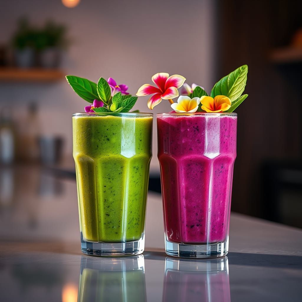 Vibrant Smoothies with Edible Flowers, Hyperrealistic HDR