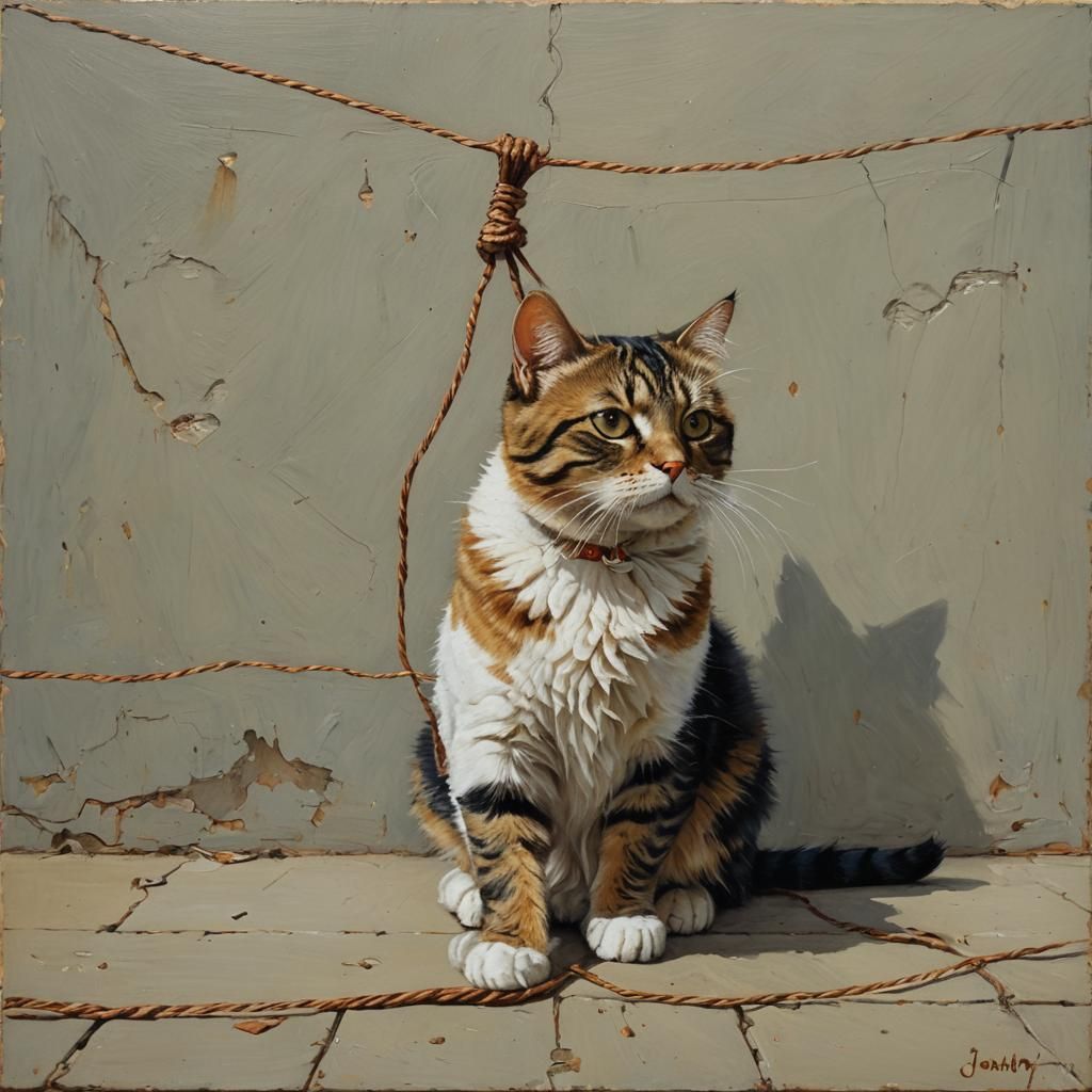 Cat Amused by String: Oil Painting Style