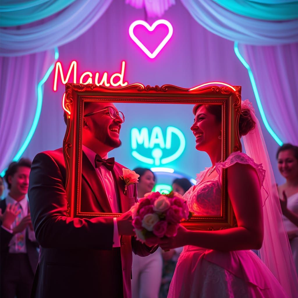 Surreal Neon Wedding Scene in a Whimsical Frame