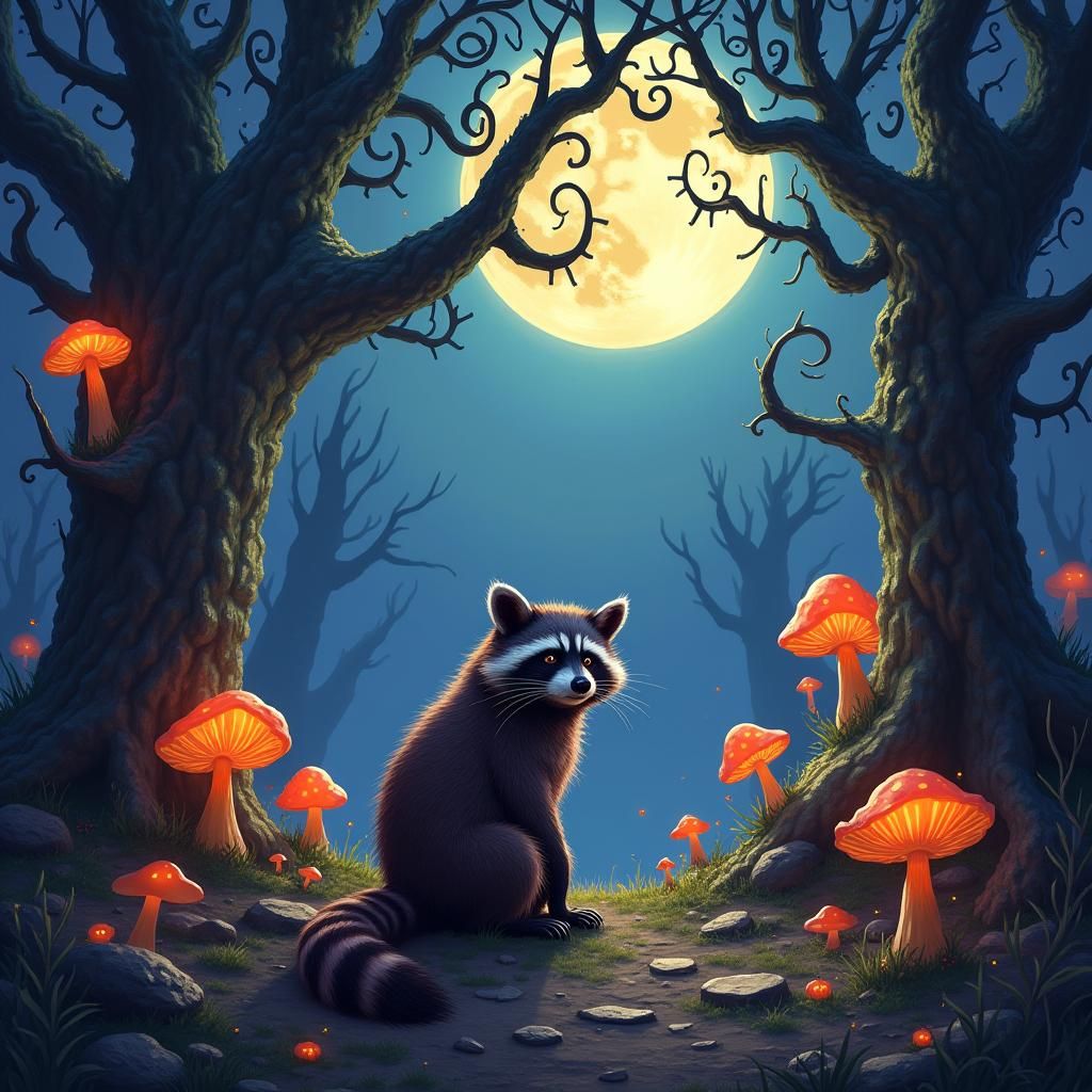 Melancholic Raccoon in Moonlit Forest: Matte Painting