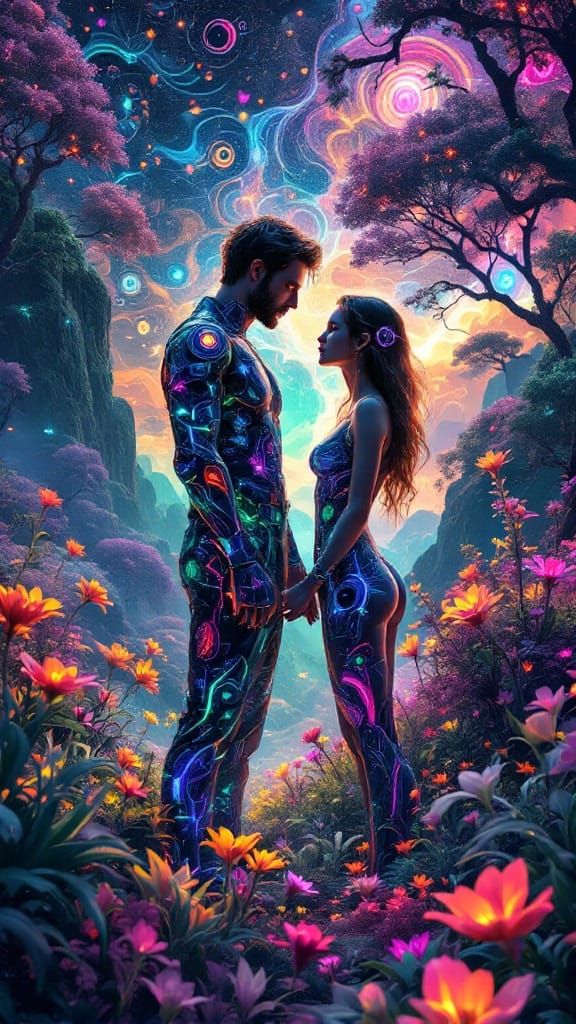 Eco-Futuristic Adam and Eve in Vibrant, Neon-Lit Garden of E...