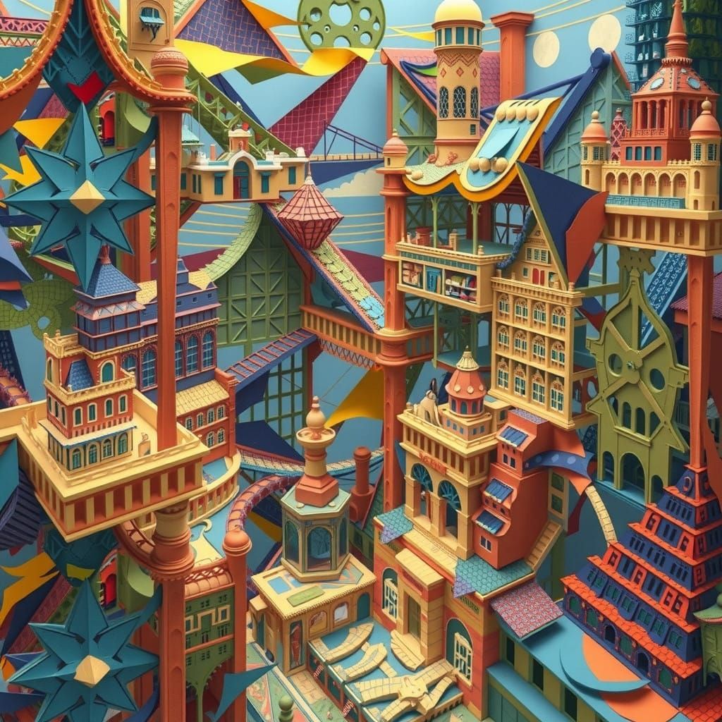 Vibrant Babel Tower Made from Colorful Paper Scraps in Hyper...