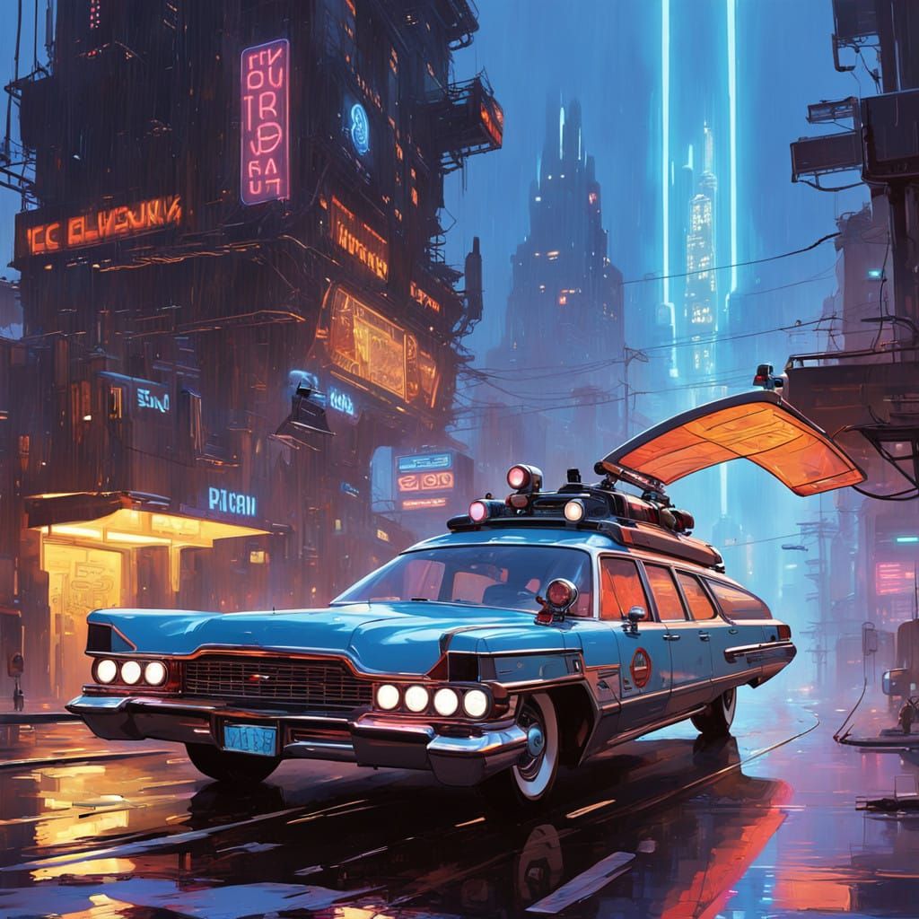 Cyberpunk Ecto1 in Neon Cityscape