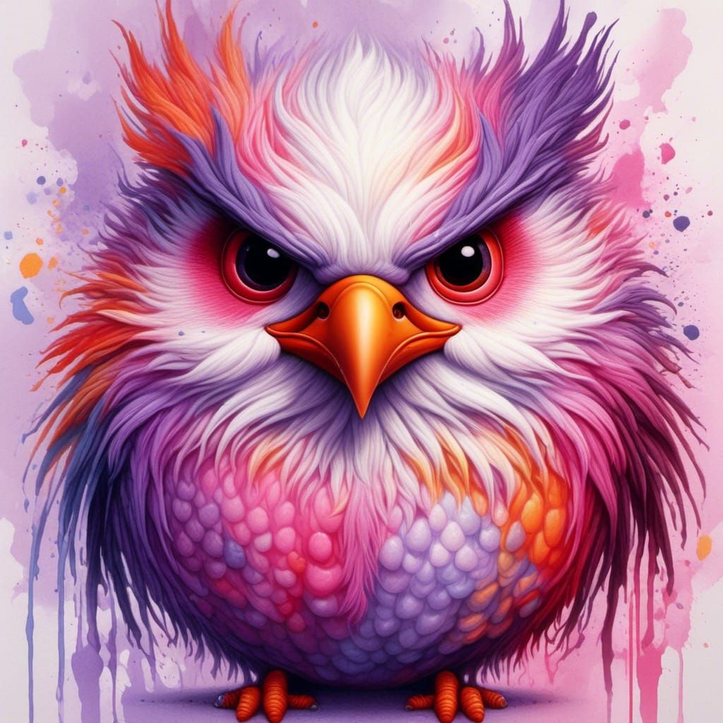 Colorful Grumpy Bird Watercolor with Expressive Eyes