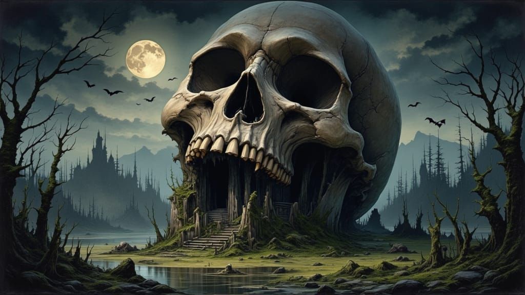 Haunted House Within a Colossal Skull in a Swamp