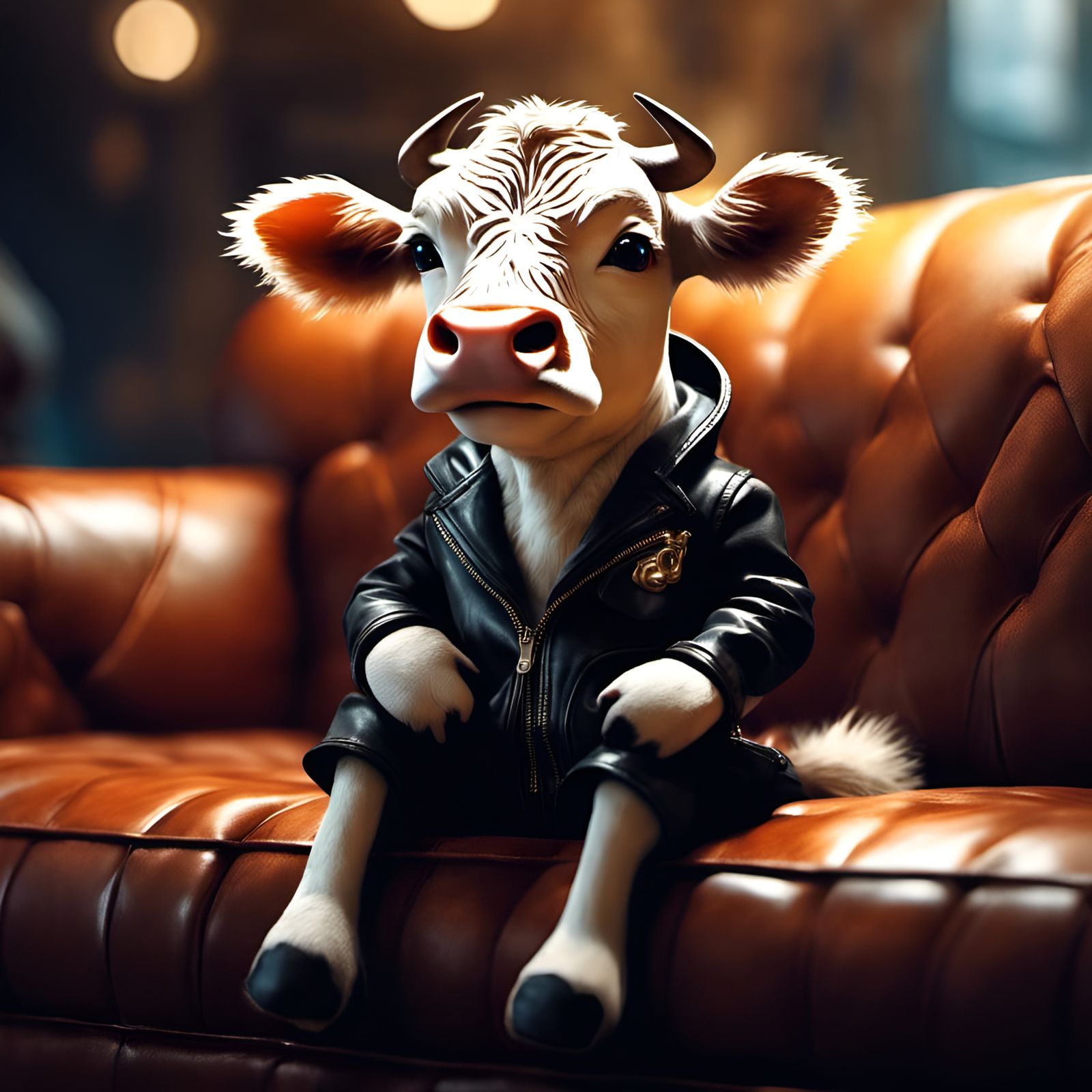 Chibi Cow in Leather on Leather Couch